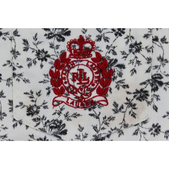 Lauren Ralph Lauren Black Floral White Pajama Shirt L Crest Embroidery Red Trim - Picture 3 of 9